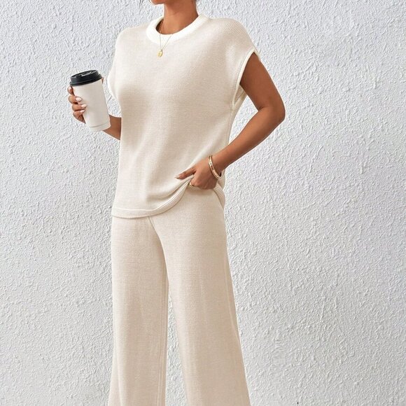 Apricot Casual Women's Loose-Fit Color Block Knitwear Set With Drawstring Hem - Picture 3 of 7